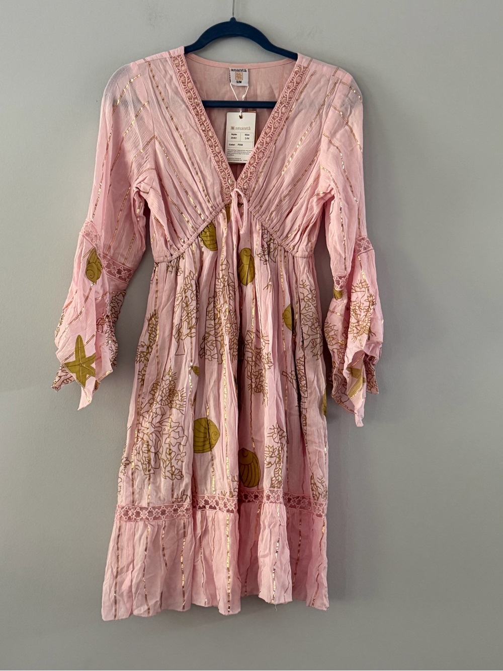 Boho Tie-Front Midi Dress in Soft Pink with Gold Accents